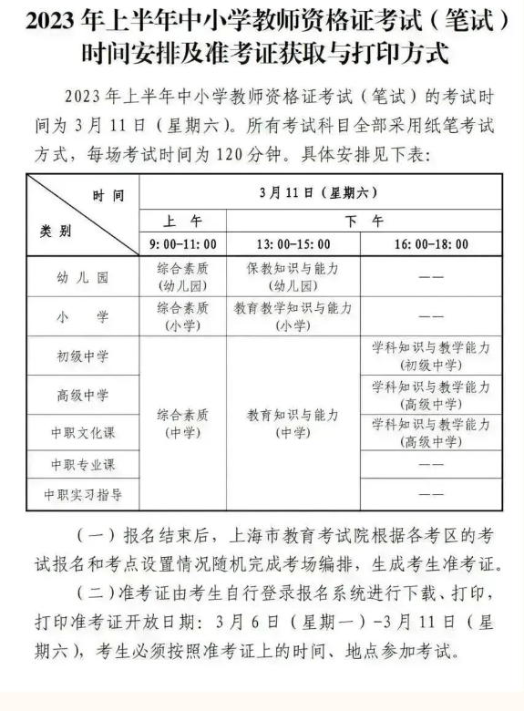 上海：2023年上半年中小學(xué)教師資格考試（筆試）報名公告